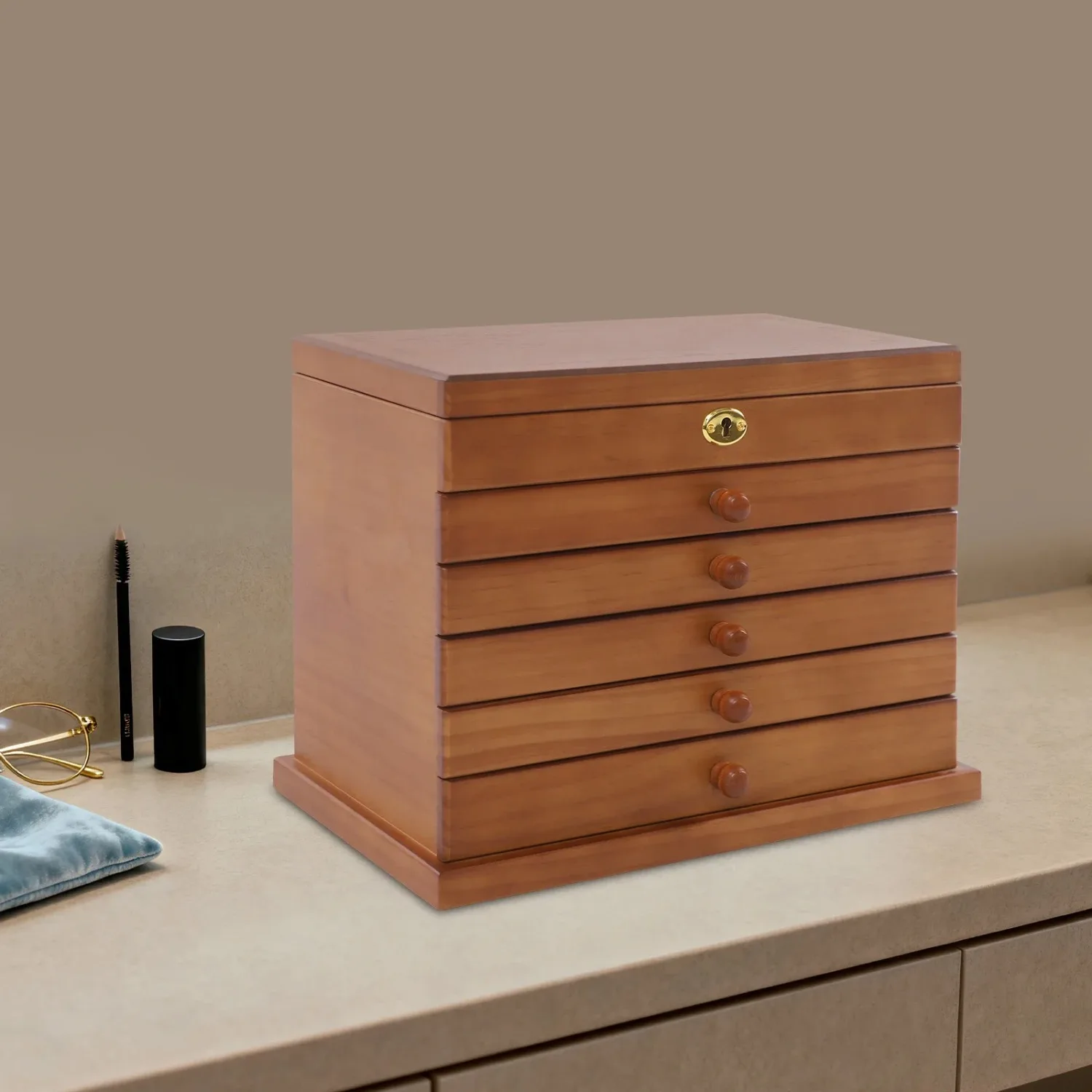 NEW Arrival Large 6-Layer Wooden Jewelry Box with Mirror, Multi-Grid Storage Case for Rings Earrings Necklaces Bracelets