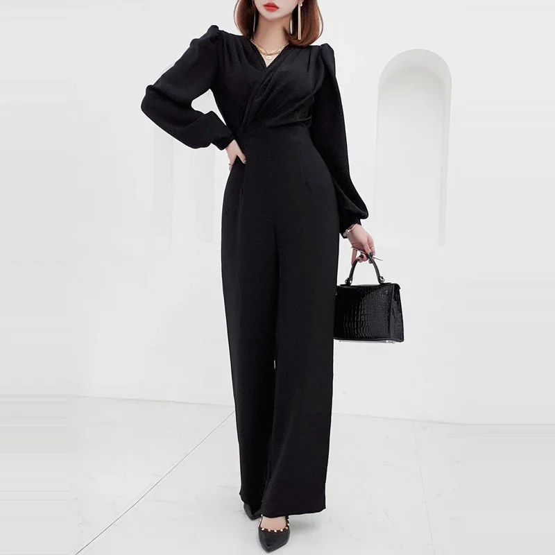 

Elegant Summe Business Jumpsuits Women V-Neck Wide Leg Trousers Long Playsuits Casual High Waist Rompers Office Lady