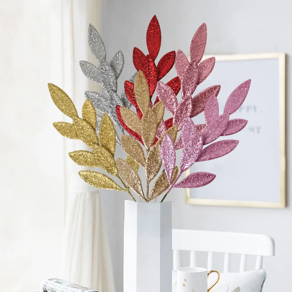 10 Uds. De decoración de corona de árbol de Navidad, selecciones florales, ramitas de pino con purpurina Artificial, ramas, hojas de plástico decorativas rojas