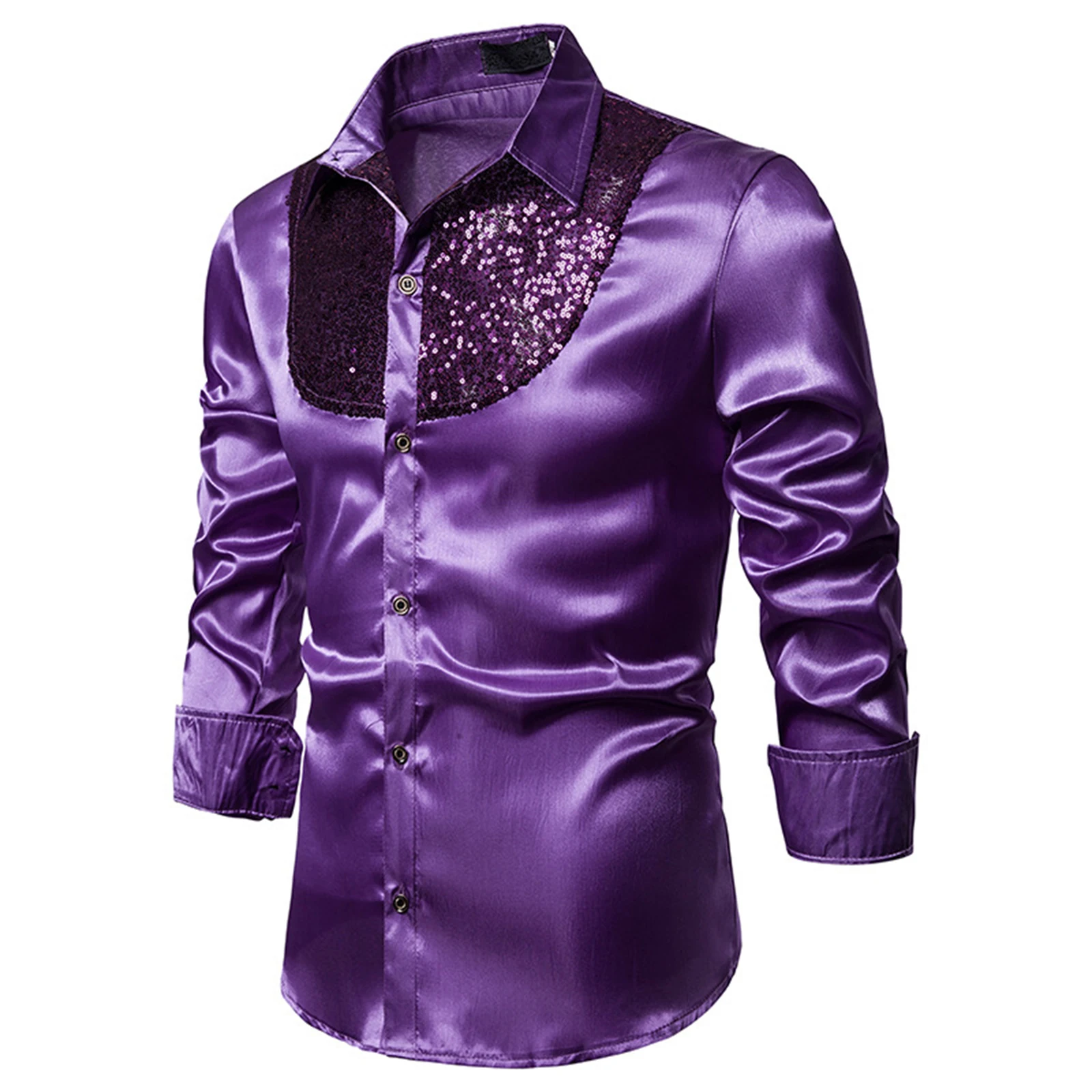 Men Sequins Nightclub Host Shirts Long Sleeve Turn-Down Collar Tops Evening Party Button-Down Slim Fit Prom Costume
