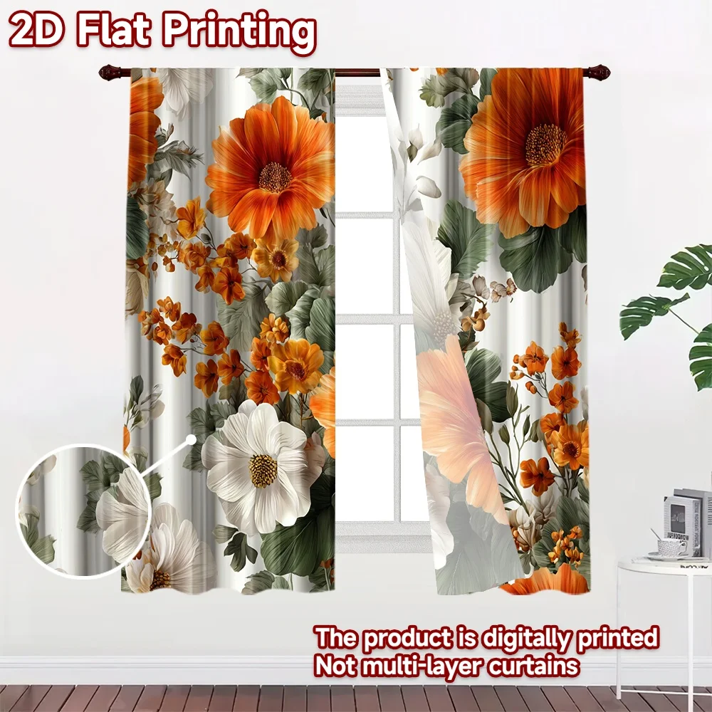 2D flat 2pcs Curtain Modern Minimalist Style Curtains Orange White Floral Bouquet Digitally printed polyester, colorfast Festive
