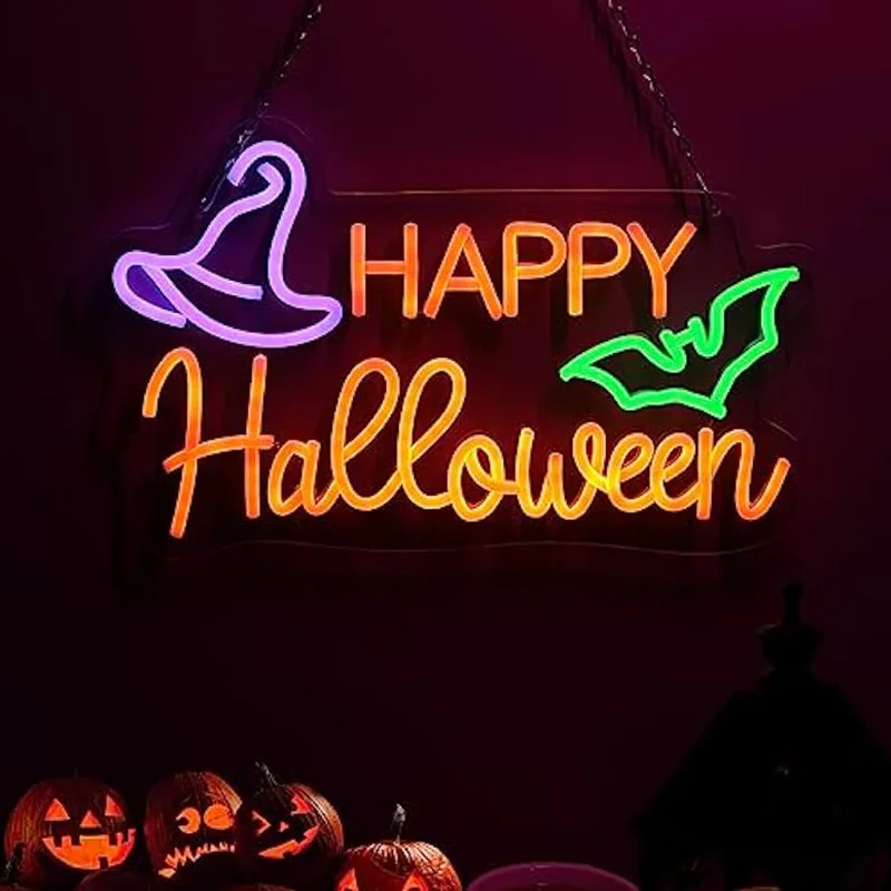 

Happy Halloween Neon Sign Halloween LED Light Up Sign Wall Decor for Bedroom Living Room Bar Office Hanging Holiday Party Gifts