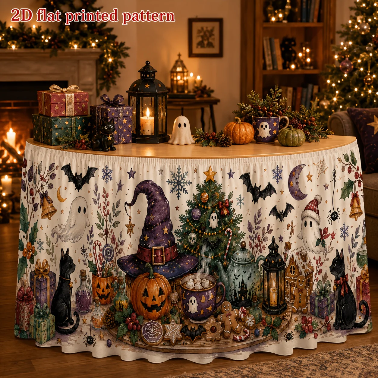 One table skirt made of polyester featuring a mixed print of Halloween and Christmas-themed witches' hats and pumpkins.
