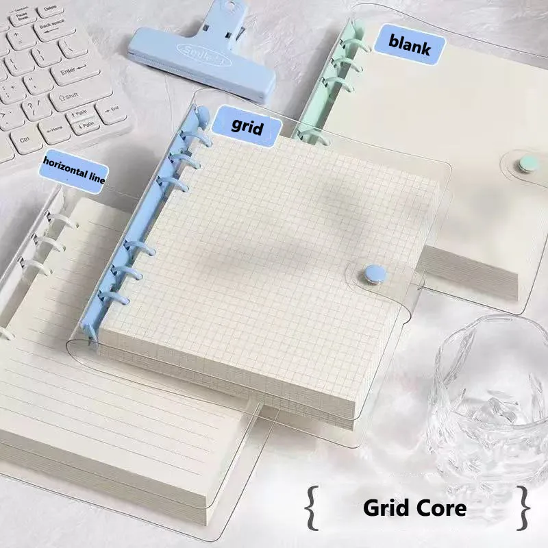 Cuaderno de hojas sueltas de cuero suave transparente con carcasa desmontable, suministros escolares, 60 hojas, cuadernos diarios con rejillas