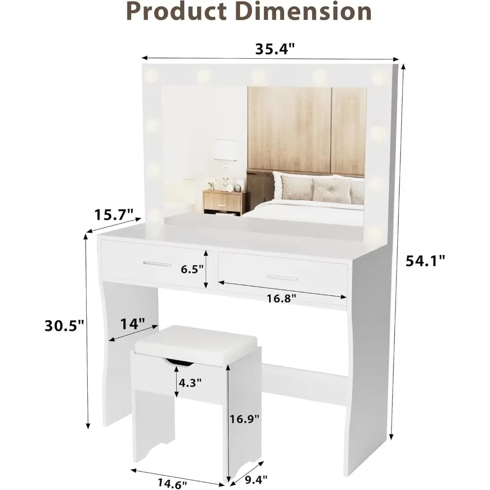 Vanity Desk Set with Large Lighted Mirror, 35.4 Inch Makeup Vanity Table with 2 Drawers, Cushioned Storage Stool, Bedroom Vanity