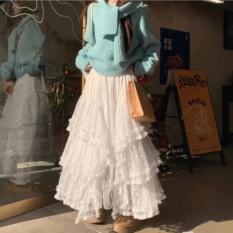 New In 2025 Women's Spring Lace Patchwork Mesh Tutu Cake Long Skirt Women Sweet Tulle Heart Loose White Skirt