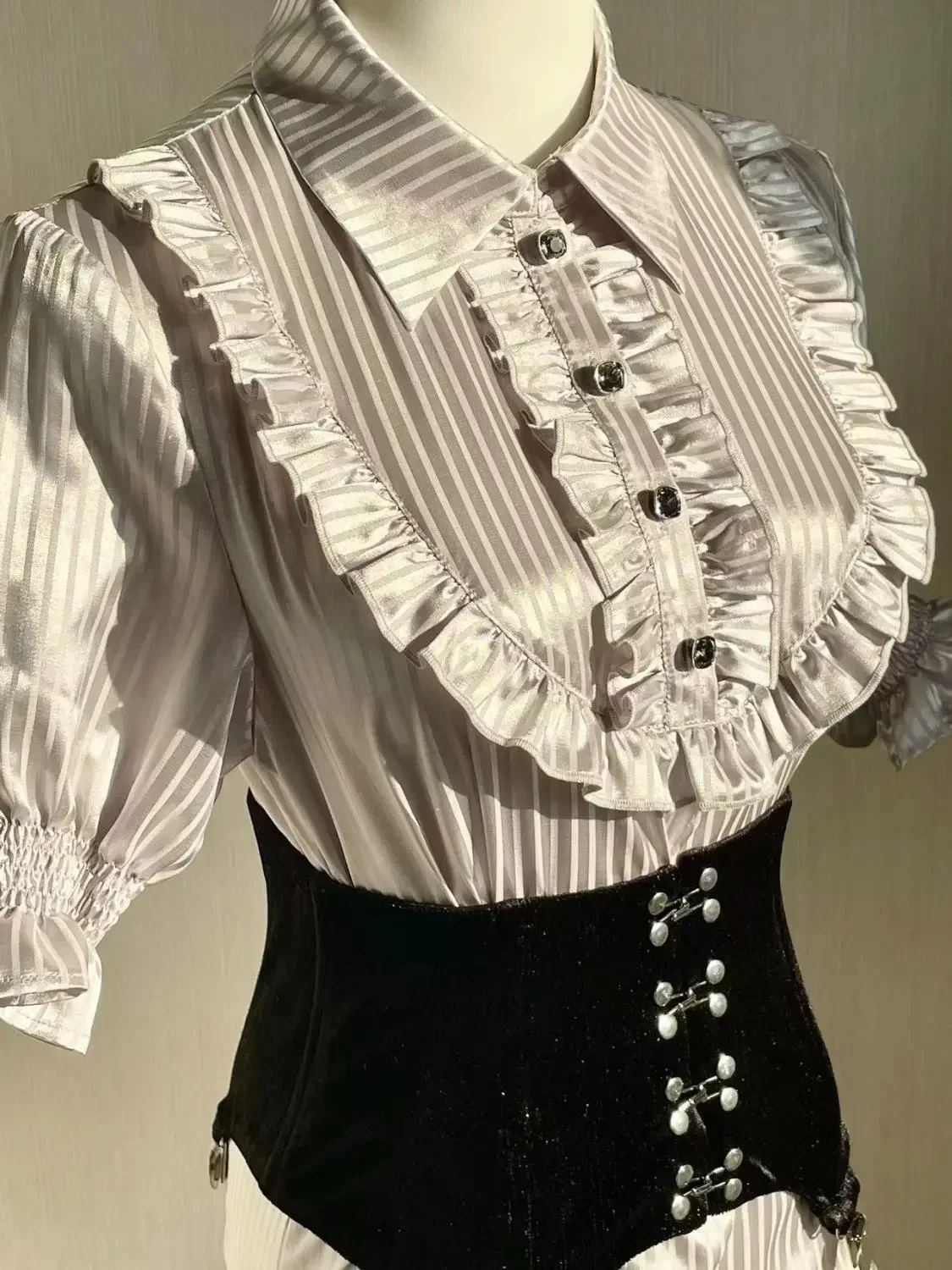 NONSAR Japanese Gothic Lolita Shirts Women Vintage Elegant Long Sleeves Stripes Blouse Female Victorian Ruffles Lapel Slim Tops