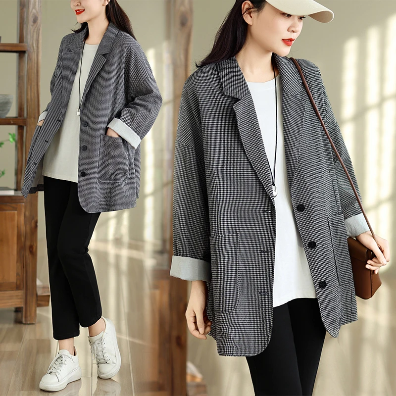 Retro Checkered Casual Suit Loose plus Size Silhouette Relaxed Slimming Outerwear with  Cotton Long Sleeve Button up Top