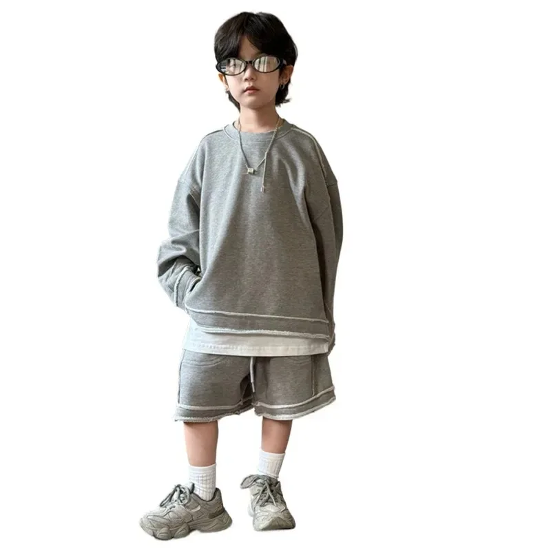 Children's Splicing Edge Hoodie Shorts Set 2025 Spring Summer Collection Fashion Korean Simple Style 2pieces