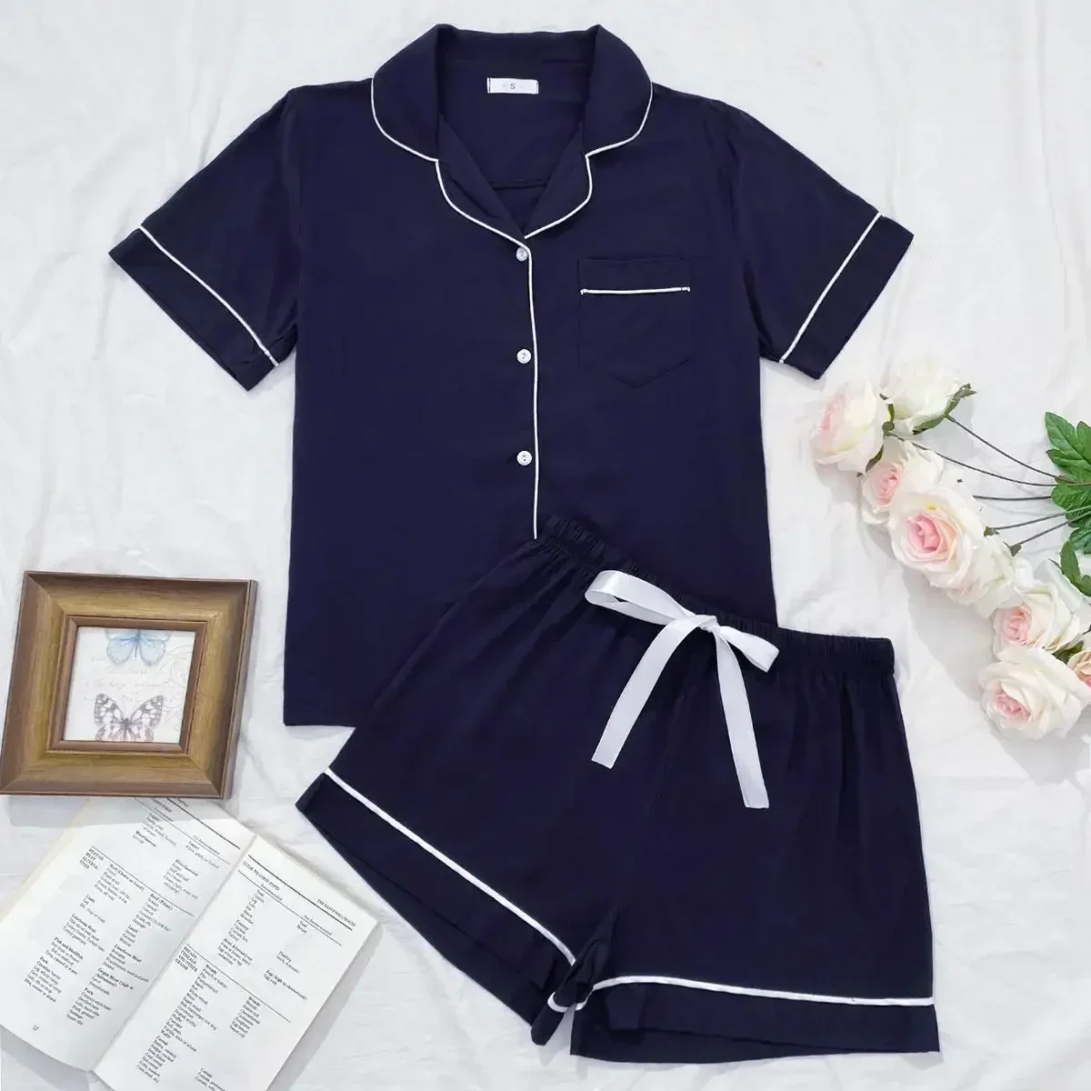 Summer Women's Pajamas Sets Short Sleeve Notched Collar Top Tee Button Down Elastic Waist Shorts Home Suit Loungewear Sleepwear