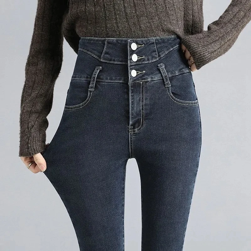 High waisted Elastic Denim Pencil Pants for summer 2026 New Three breasted Slim Skinny Jeans Female Casual Ankle  length Pants