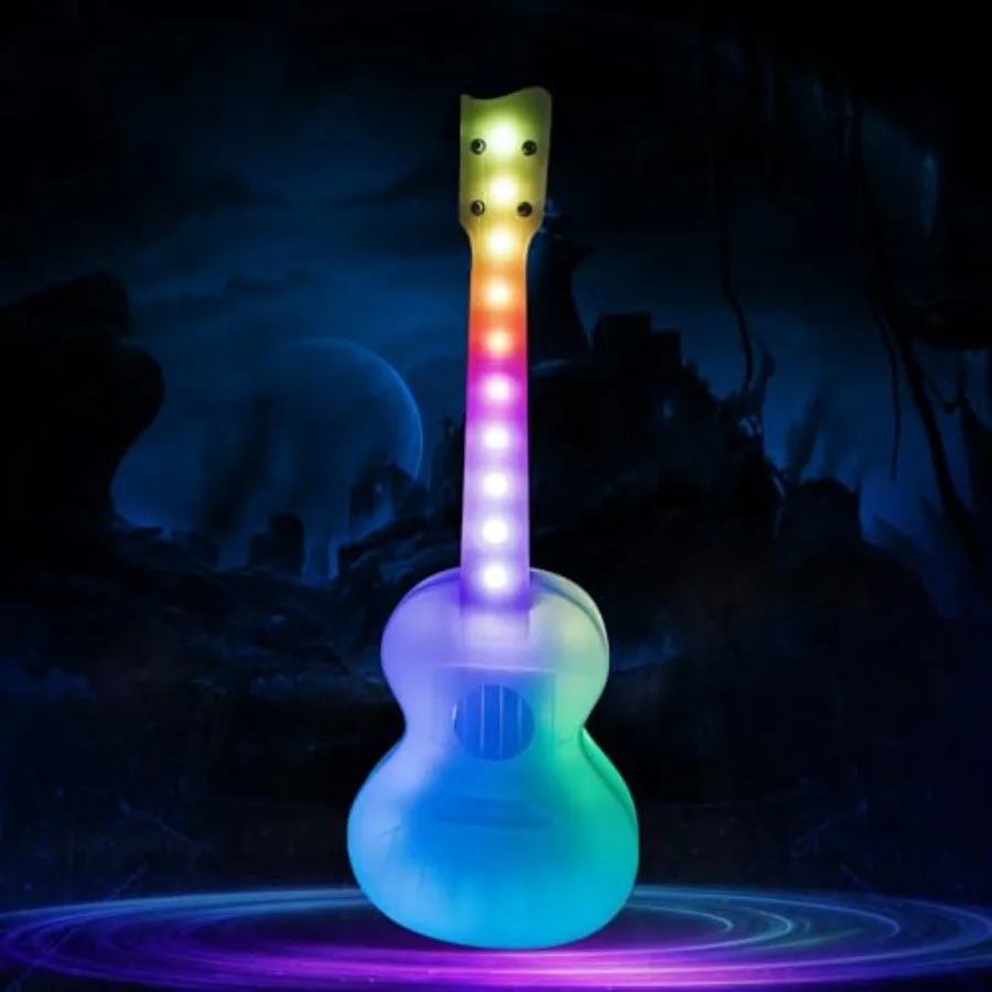 

23 LED Concert Ukulele for night performances polymer carbon fiber strings, black/white, ultra-lightweight 1.4 lbs,bright color