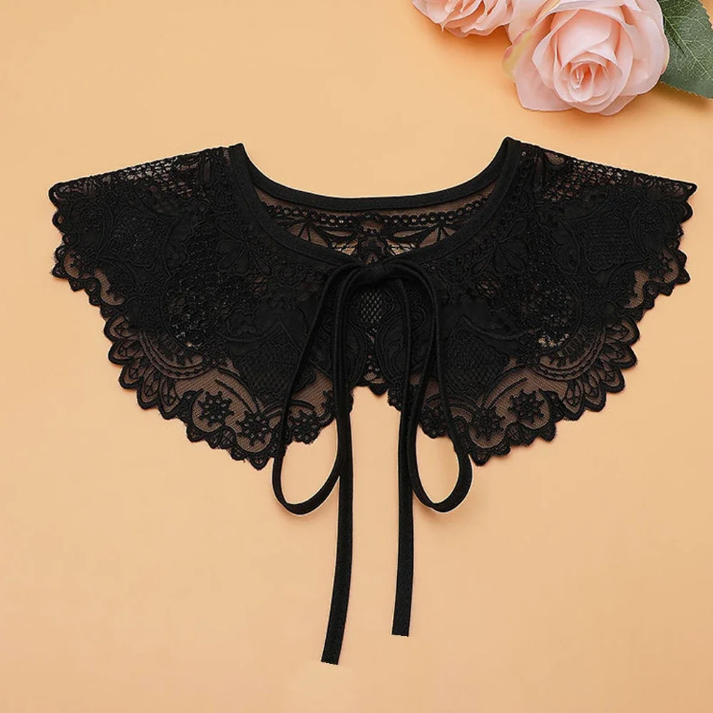 Women's Lace Fake Collar Embroidery Sweet Cute Flower Lace Shawl Vintage Ladies Black White Shirt Strap Bow False Collar Girl