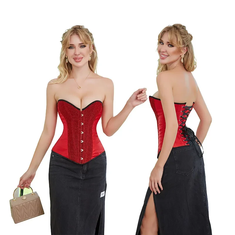 Sexy Women Corset Satin Sequin Overbust Bustier Lace-up Top Corselet Club Party Clothes