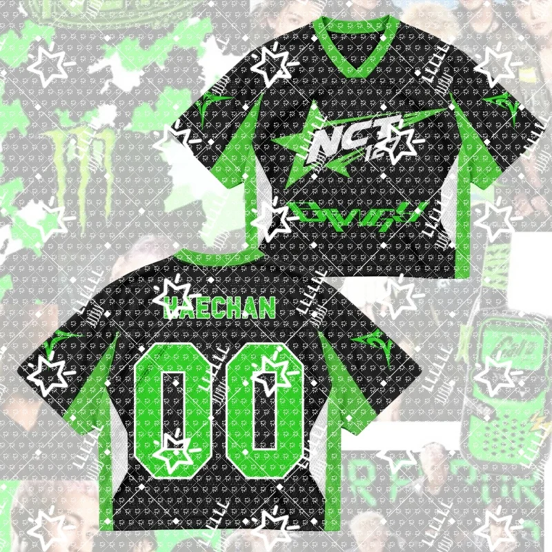Women K-Pop Cropped Mesh Football Jersey Black Neon Green Star Print Number  V-Neck Short Sleeve Crop Top Concert Fan Streetwear
