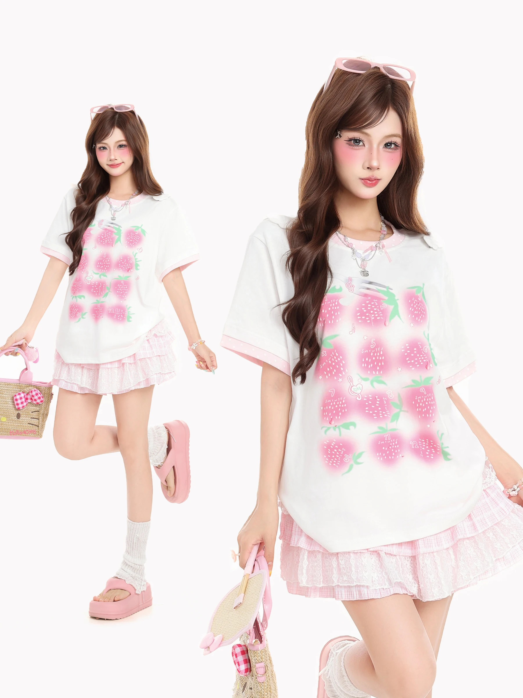 

Женская футболка HTYM в корейском стиле с милым клубничным принтом, с короткими рукавами, летняя, свободная, универсальная, с круглым вырезом, белая, с открытыми плечами