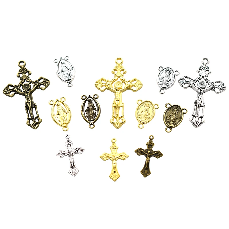 12pcs Center Miraculous Medal Easter Vintage Cross Crucifix Charms Alloy Pendants For DIY Rosary Bead Necklace Jewelry Making