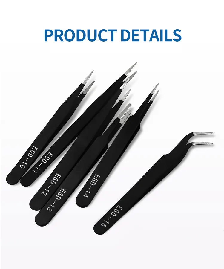 6PCs ESD Anti-Static Stainless Steel Tweezers Precision Maintenance Industrial Repair Curved Tool Home Working Model Making Hand