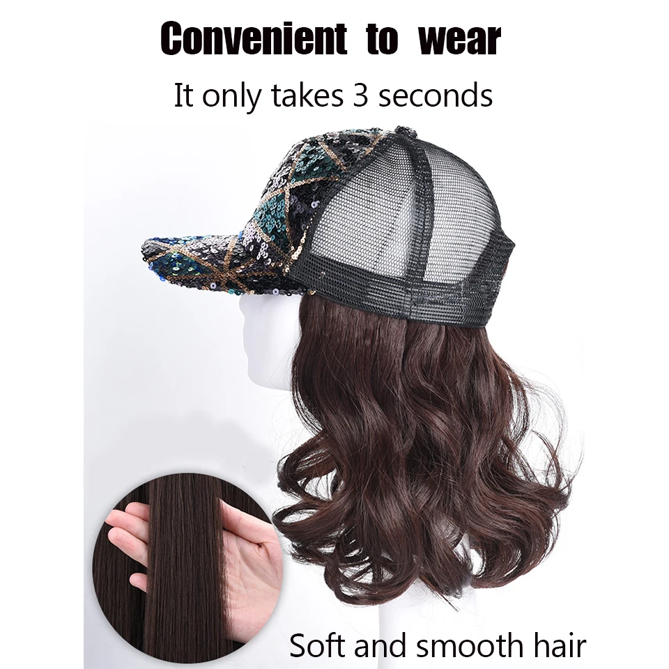 Long Synthetic Fluffy Natural Wave Wavy Curly Hair Wigs With Hat Baseball Cap Naturally Connect Adjustable Hat Wig