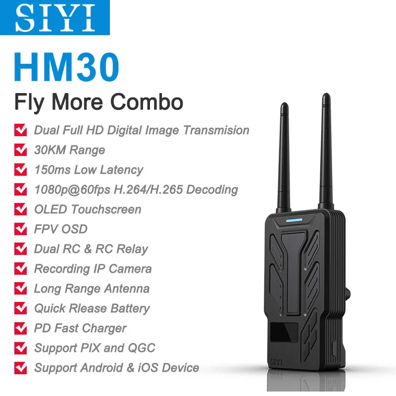 SIYI HM30 Full HD Digital Video Link Radio System Transmitter Remote Control OLED Touchscreen 1080p 60fps 150ms FPV OSD 30KM