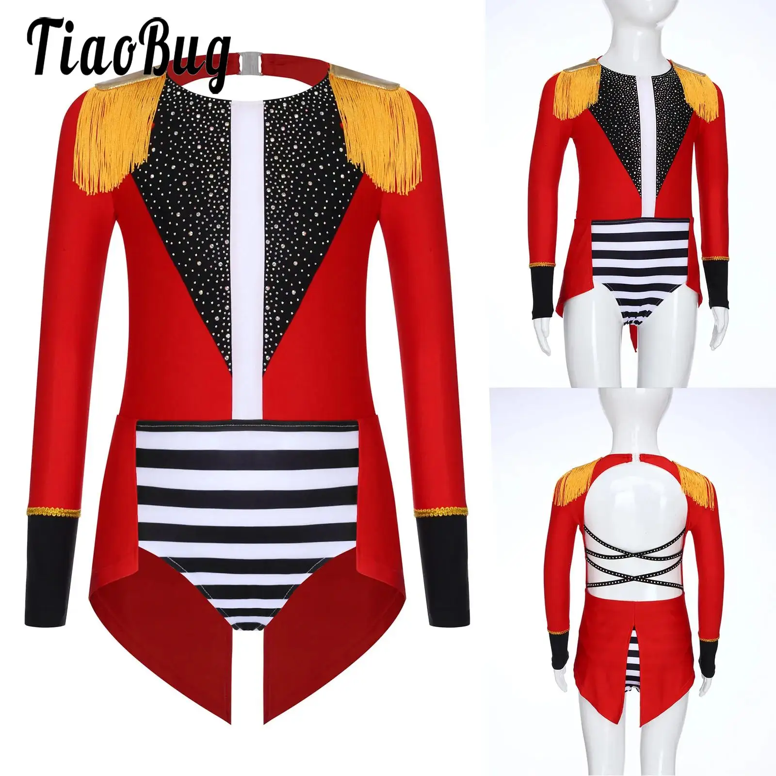 

Kids Girls Circus Ringmaster Halloween Costumes Party Dress Up Long Sleeve Shoulder Tassels Epaulets Backless Overlay Jumpsuit