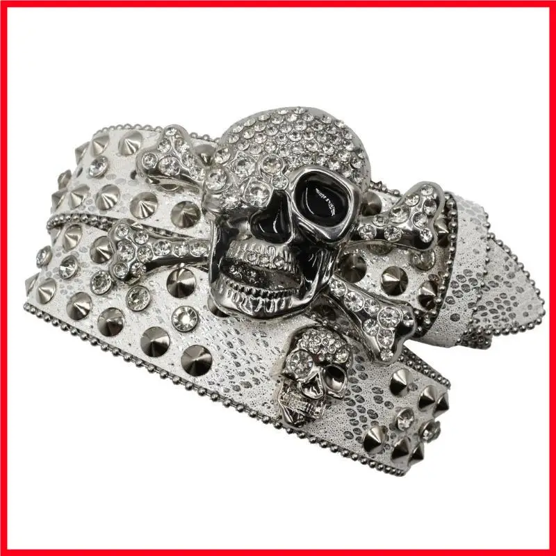 

F3MF Rhinestones Studded Belt Skull Buckle Belt for Jeans Pants Adult Waist Decoration