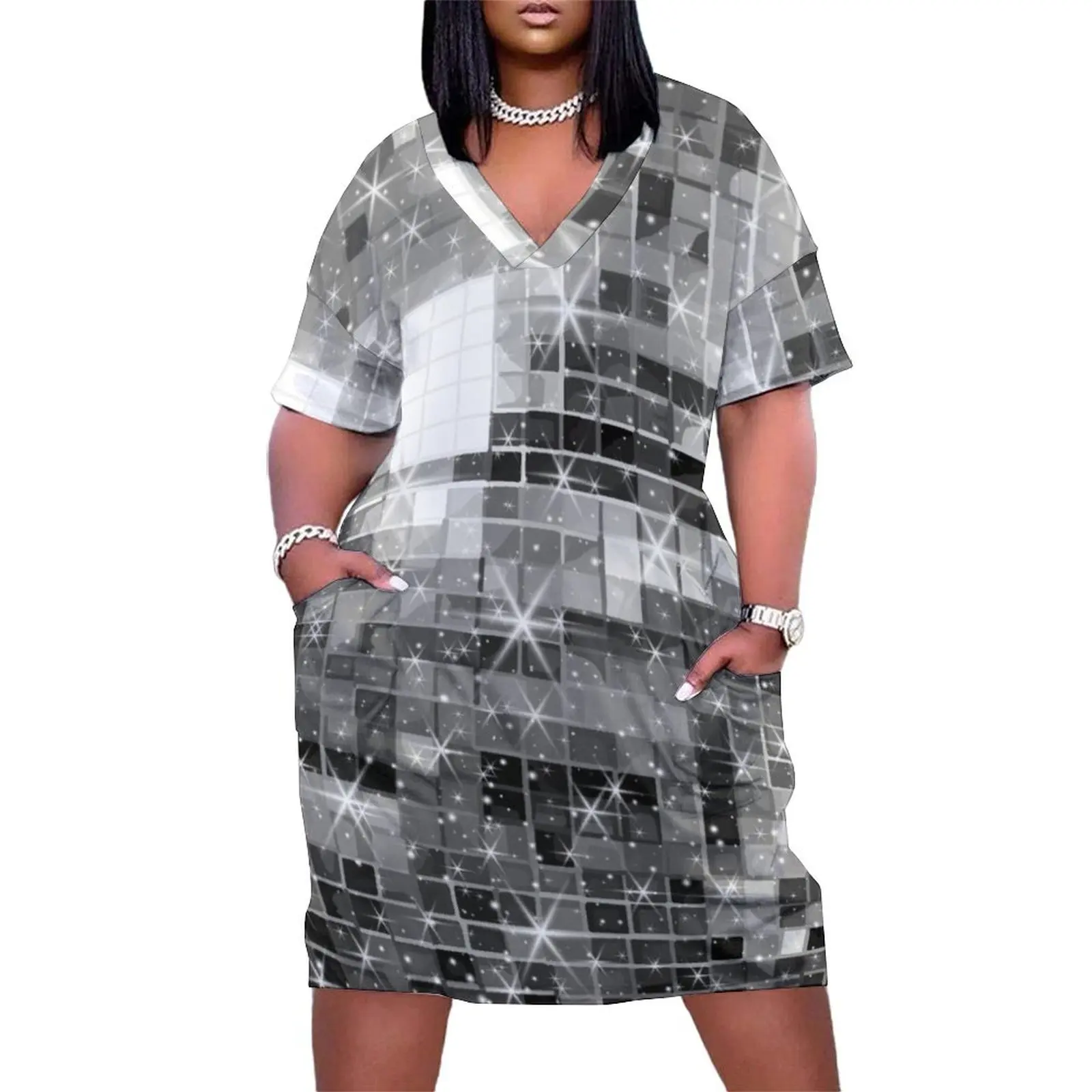 Twinkle Silver Disco Ball All Over Pattern Loose Pocket Dress Long veiled dresses dresses summer