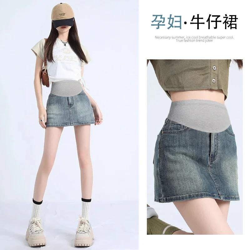 

Mini Hot A Line Denim Skirts Maternity Summer Vintage Casual High Waist Belly Bottom for Pregnant Women 24SS Y2k Youth Pregnancy