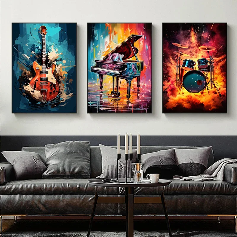 Abstract Colorful Art Musical Instruments Drum Kit Guitar Posters Prints Canvas Paintings Music Wall Art Picture Home Room Decor