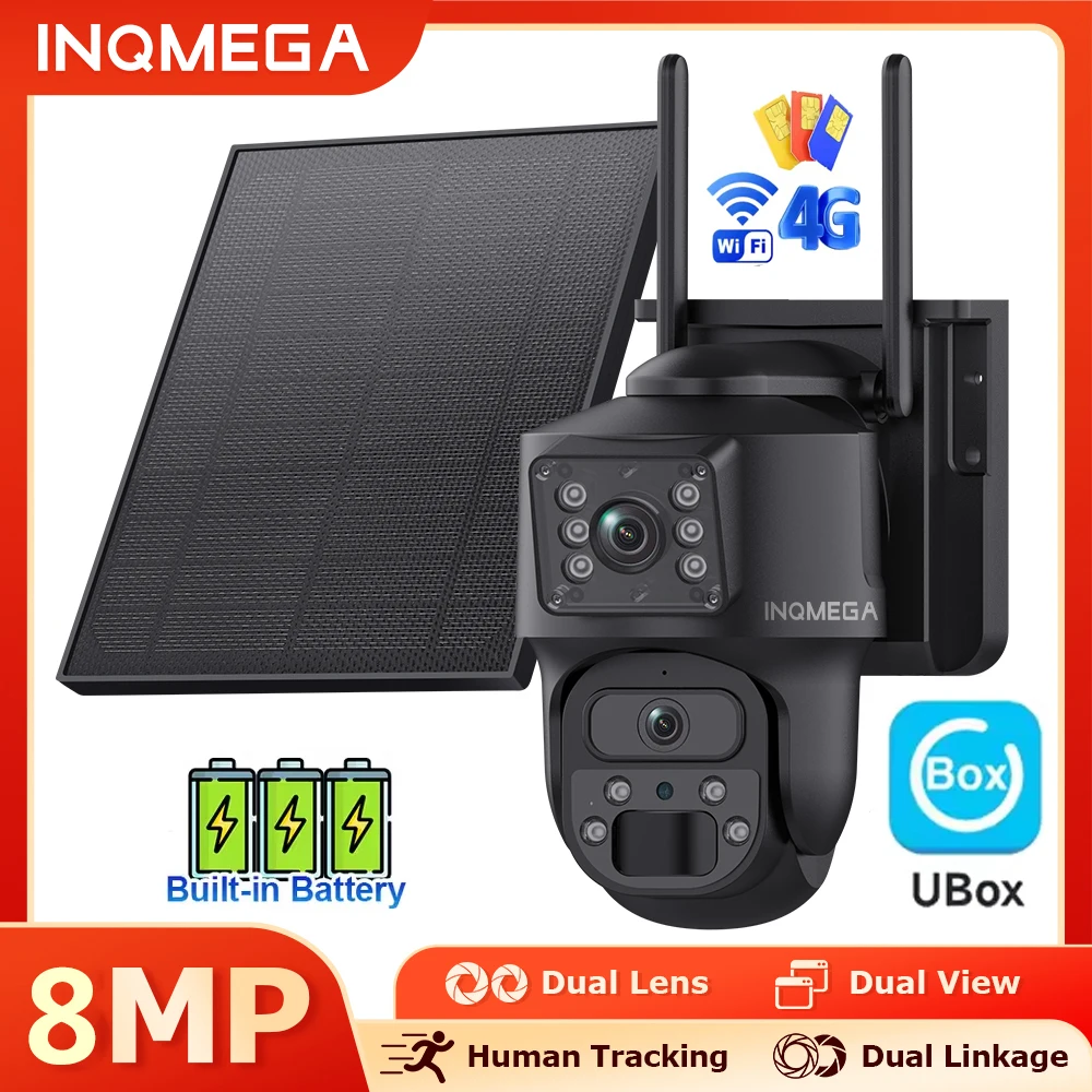 INQMEGA 4K 8MP Solar Camera 4G Sim Dual Lens Security Dual Screen Recording Humanoid Tracking Color Night Vision WiFi PTZ Camera