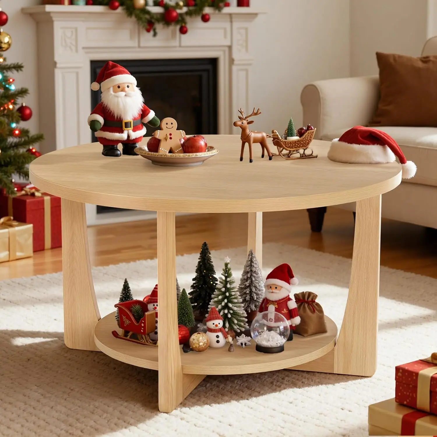 

31,5-дюймовый круглый журнальный столик с ножками из массива сосны, 2-уровневый круглый журнальный столик в стиле ретро с полкой для хранения, небольшой современный деревянный круг