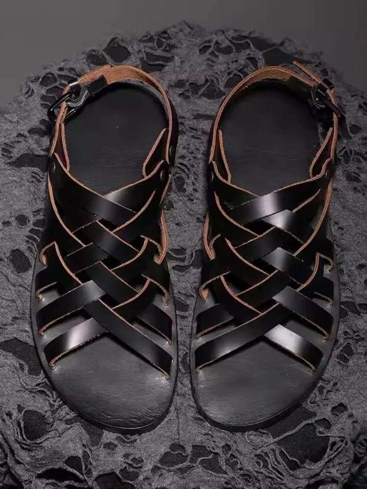 Handmade Flat Shoes Cowskin Genuine Leather Sandal Men Summer Open Toe Breathable Strap Buckle Vintage Design Gladiator Sandals