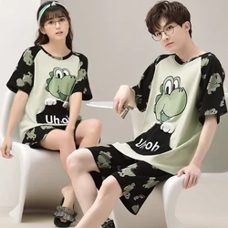 Summer Pajama Sets For Women Men Cotton Pijama Couple Cartoon Dinosaur Short-sleeve Pijama Sleepwear Round-Neck Boys Girls' Home