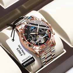 POEDAGAR Automatic Mechanical Watch Tourbillon Stainless Steel Waterproof Luminous Date Men's Clock Week Luxury Watches For Men