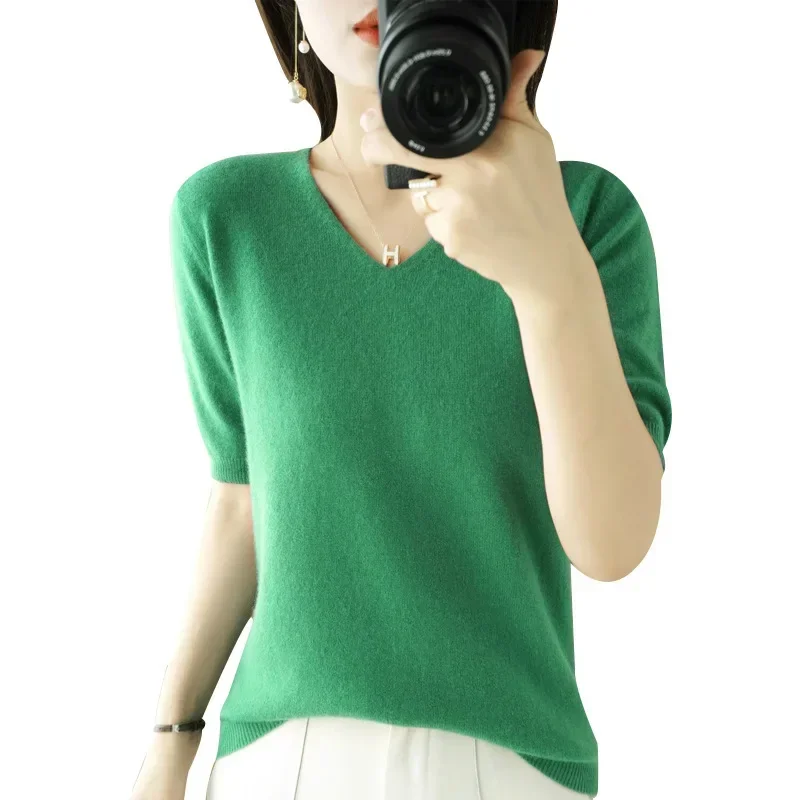 Mode coréenne chemise à bascule tricots doux pulls femmes chandails printemps été à manches courtes col en v mince pulls solide