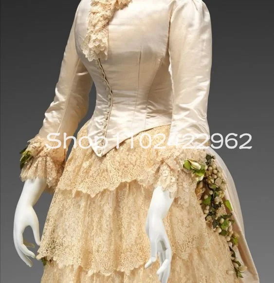 Champagne History Fashion Wedding Dresses with Long Sleeve Ruched Skirt Antique Bustle Victorian Costume Movie Bridal Gown