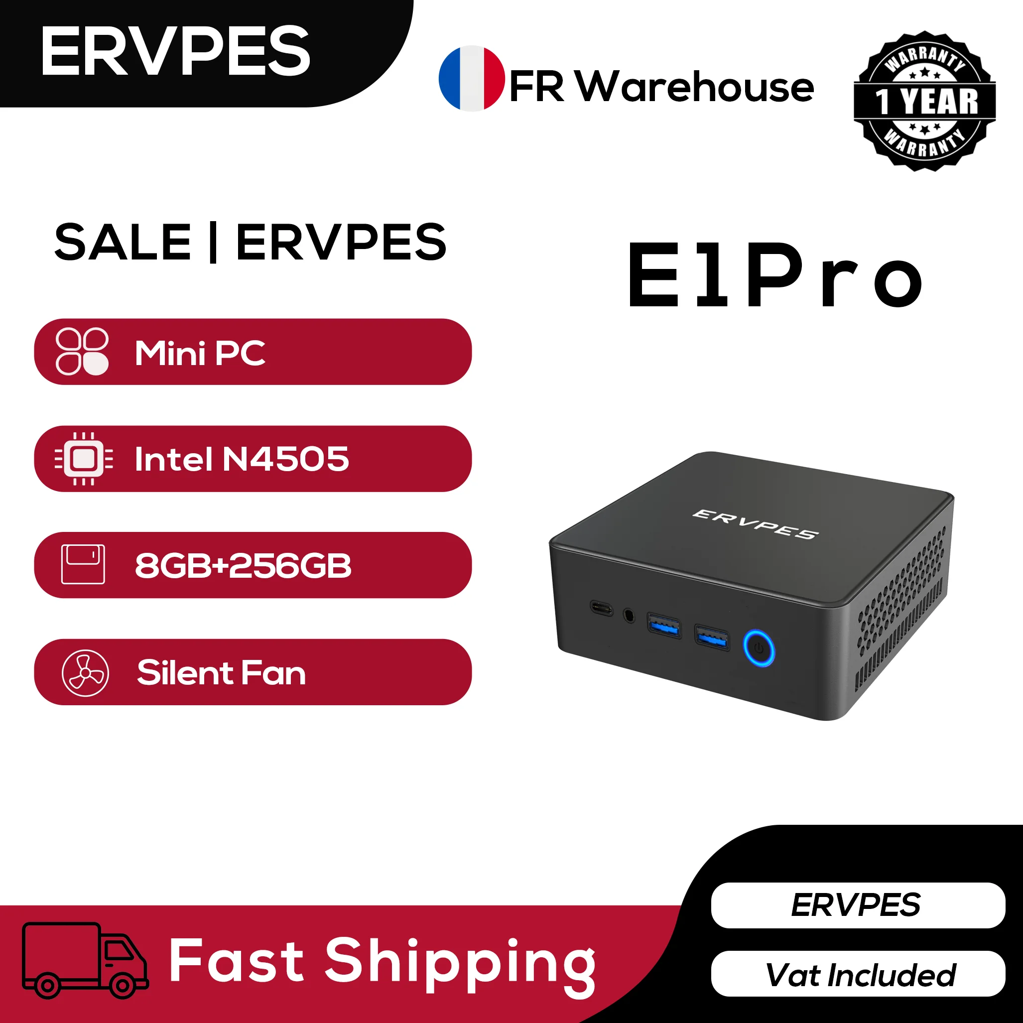 Ervpes E1Pro Mini Pc Intel Celeron N4505 Processor 8Gb Ddr4 256Gb M.2 Schijf Drie Schermen Stille Ventilator Wifi5 Bluetooth 5.0 Windows 11 Pro Compacte Computer