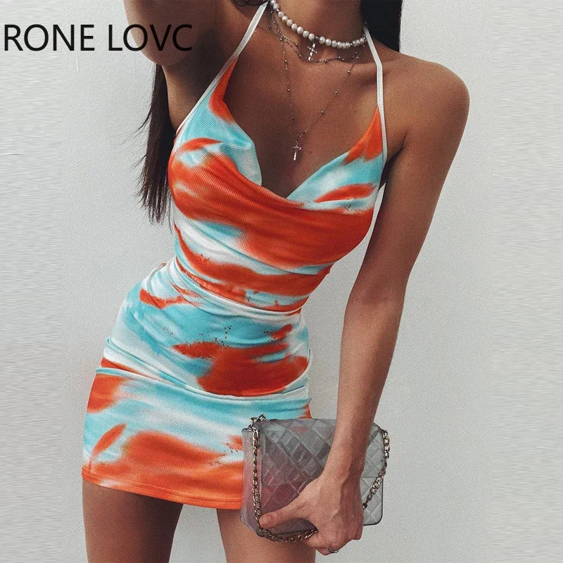 

Women Elegant All Over Print Halter Deep V Neck Sleeveless Tie Dye Mini A Line Summer Sexy Causal Dress