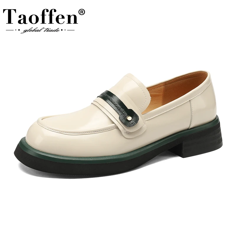 Taoffen Women Penny Loafers Genuine Leather Soft Sole Round Toe Casual Slip On Office Lady Flat Shoes Fashion Designer JK School