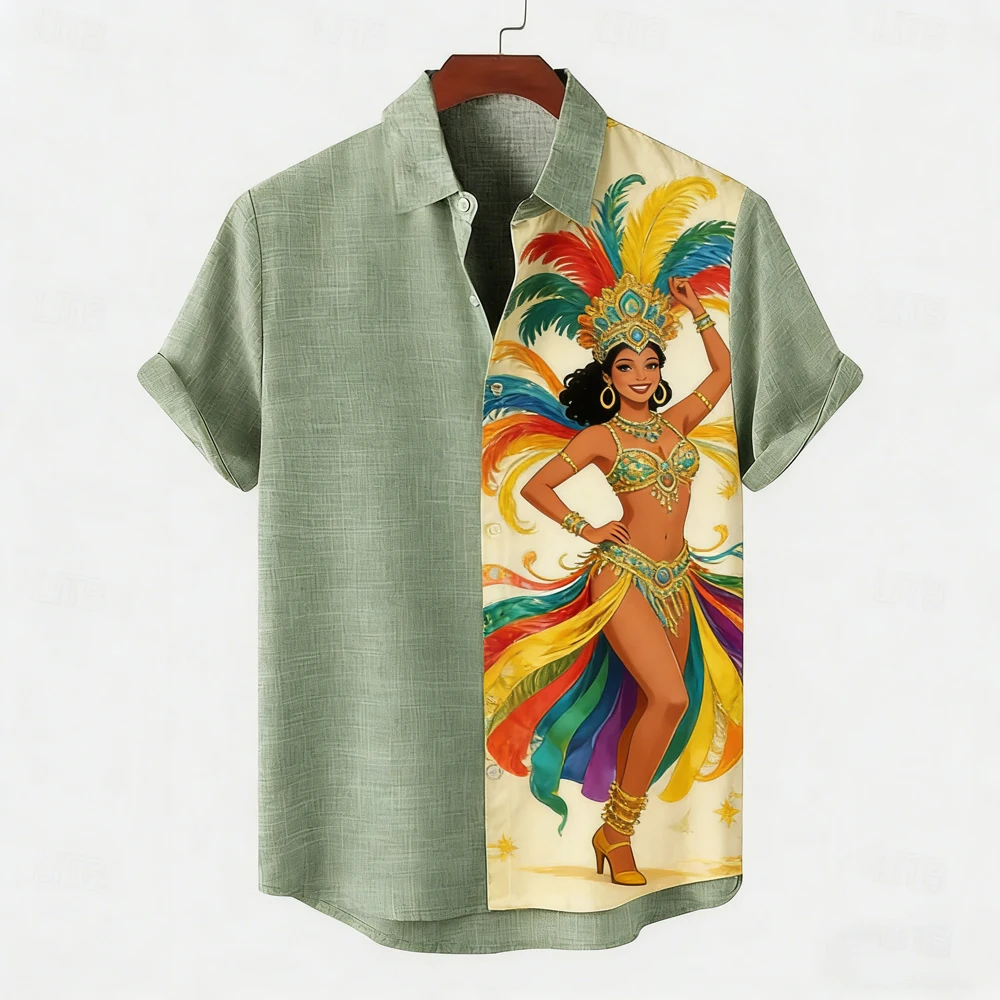 

Men's new green linen short-sleeved shirt passionate samba girl 3D printed shirt Hawaiian vacation outdoor social clothes men's
