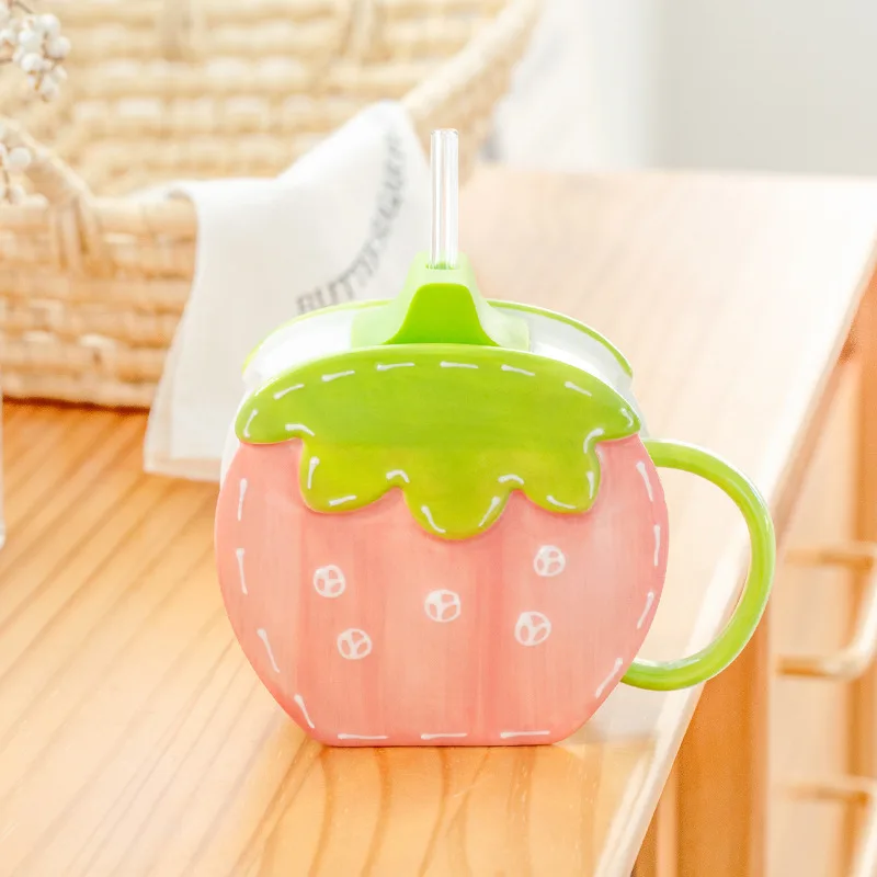 

Creative Strawberry Ceramic Mug with Straw, Office Coffee Cup, Girls, Children, Home, Breakfast, Milk, Tea, Couple Water Cup