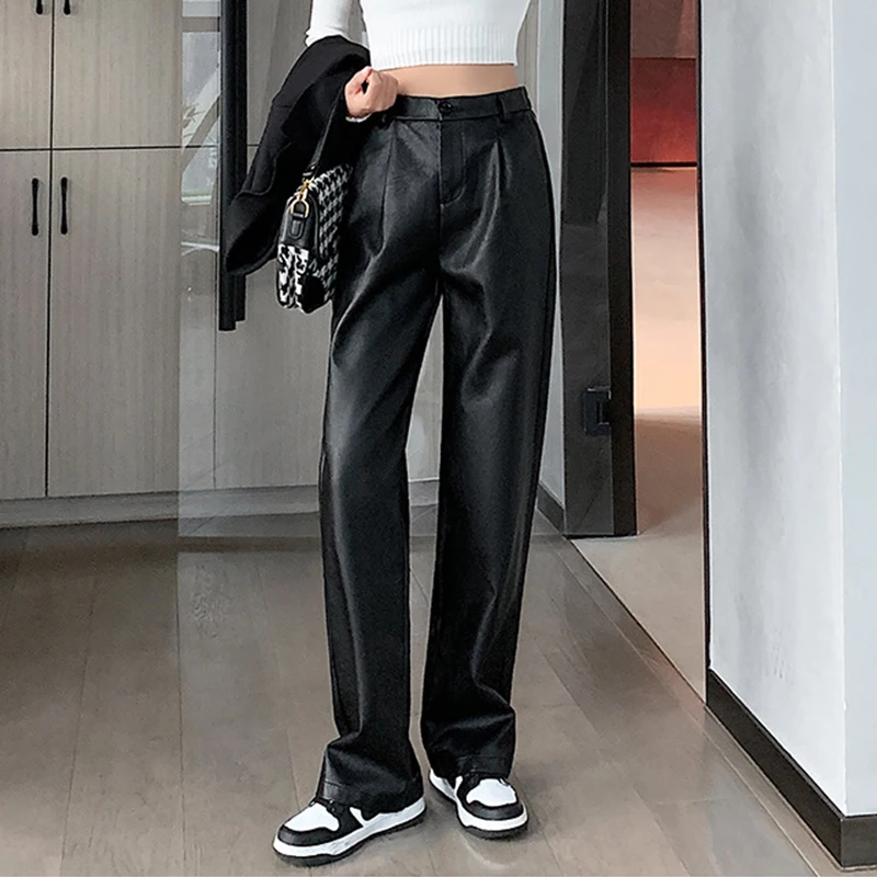 PU Leather Pant Women High Waist Straight Pant Autumn Winter Clothes Solid Pocket Streetwear Chic Black Faux Leather Trousers