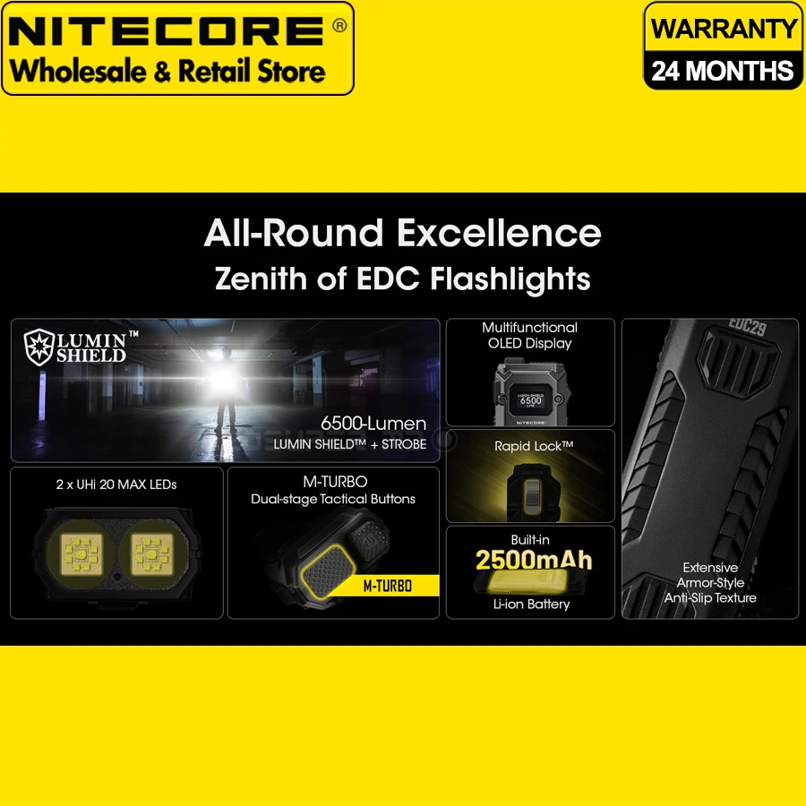 كشاف بحث تكتيكي NITECORE EDC29 6500 لومن فائق النحافة عالي الأداء EDC مصباح يدوي مدمج بقدرة 2500 مللي أمبير في الساعة بطارية ليثيوم أيون