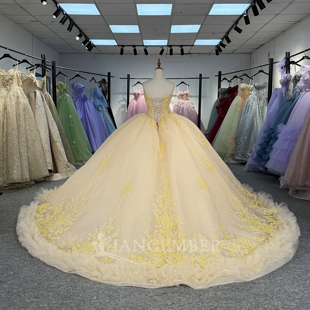 Vestido De quinceañera amarillo personalizado, Vestido De baile sin tirantes De encaje sin mangas con cuentas superfinas, dulce 16 Vestido De 15 Anos DY1334