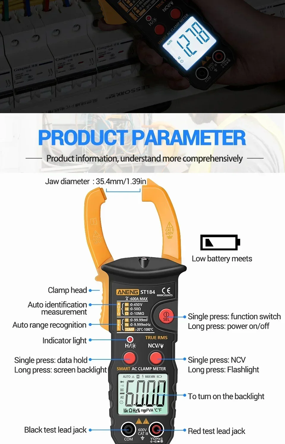 ANENG ST184 True RMS Zangenamperemeter Digitales Multimeter AC DC Spannung Strom Widerstand NCV Induktionsdetektor für Elektriker – Detail 6