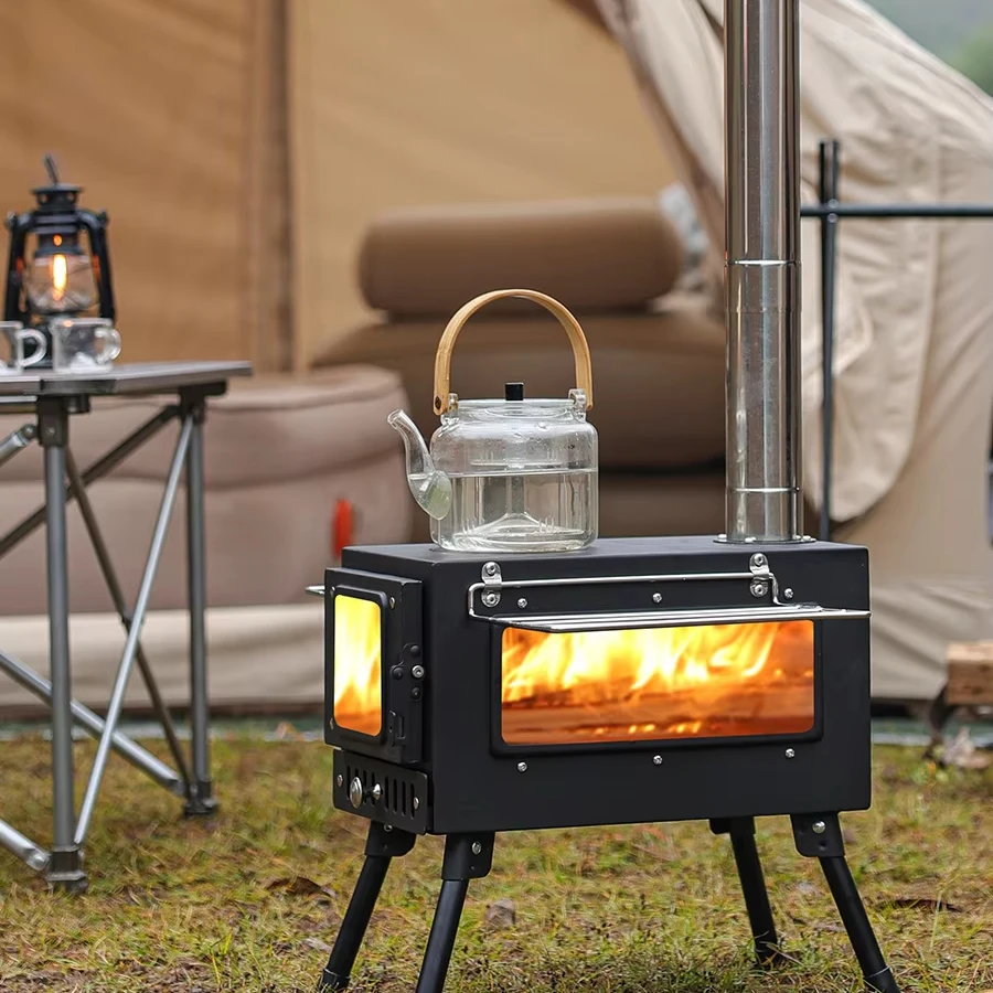 Portable Stainless Steel Firewood Stove Easily Assembled Foldable Surrounding Tent BBQ Tea Boiling Cooking Includes Utensils