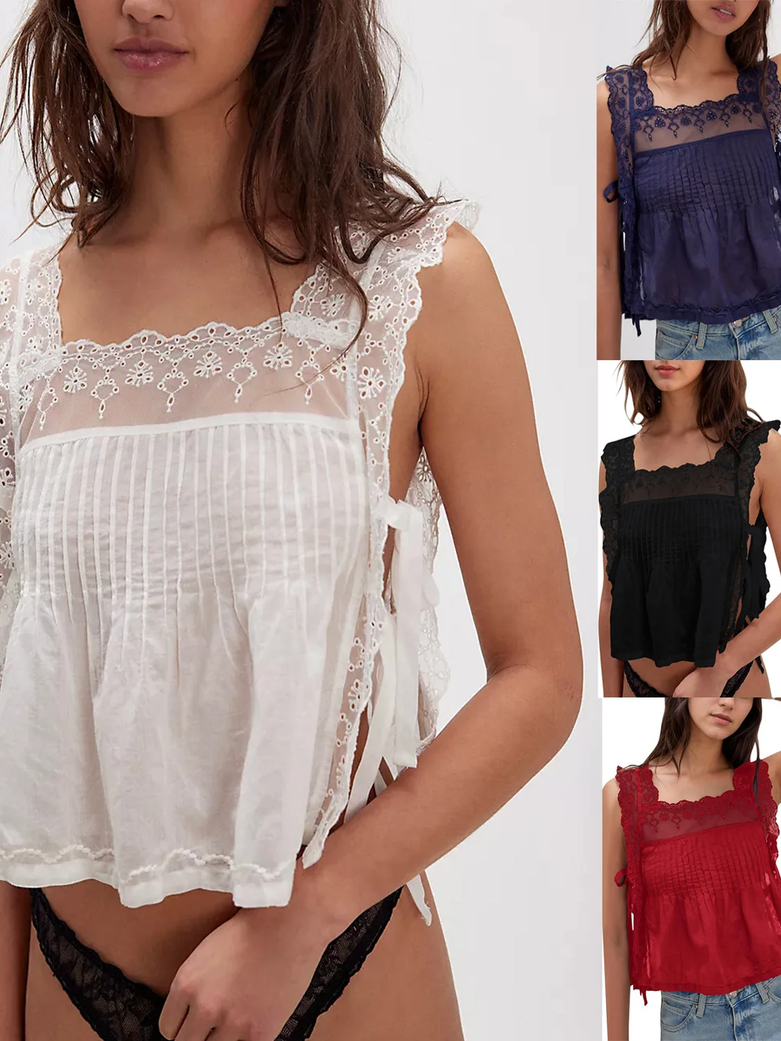 甘いレーストリムのベストストラップトップ、甘いレースエッジのタンクトップ、ストラップデザイン、ショート丈、甘いスタイル、無地、マタニティトップ