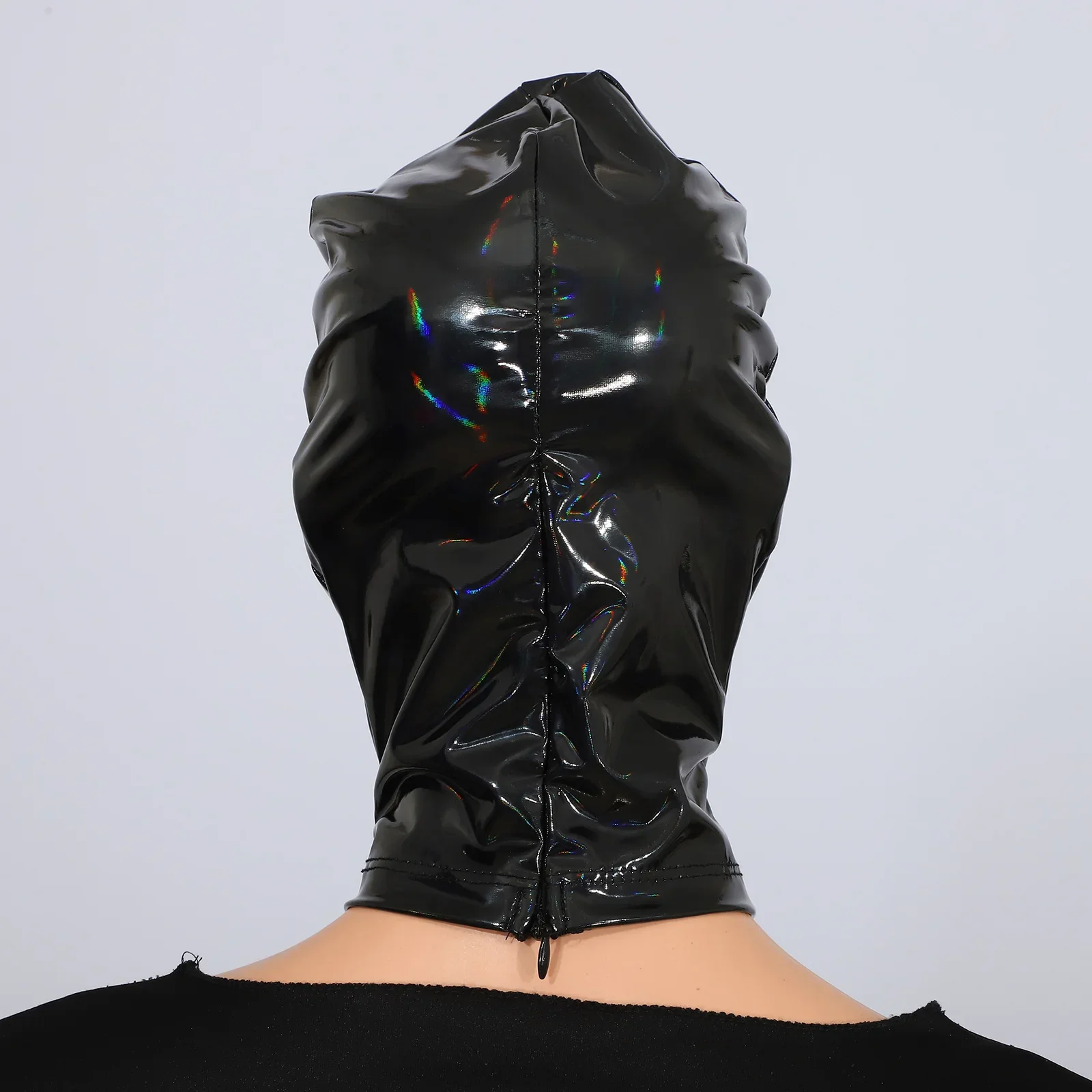 Mascarilla facial de látex para hombre y mujer, tela metálica brillante, boca abierta + cubierta para la cabeza pegada con ojos, disfraz de juego de rol para parejas, máscara facial con capucha