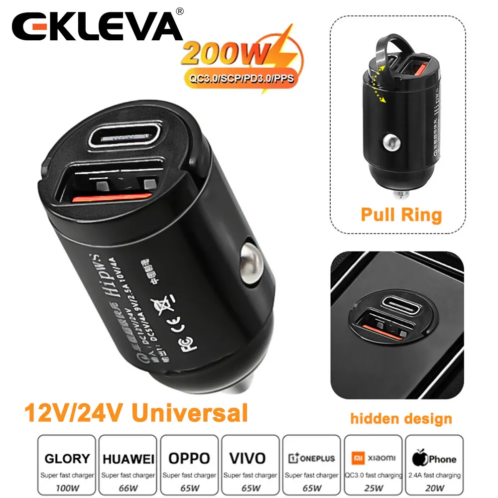 

EKLEVA Mini 200W PD QC Pull Ring Fast Charging Car Charger USB C Car Phone Charger Adapter For iPhone Xiaomi Samsung Huawei