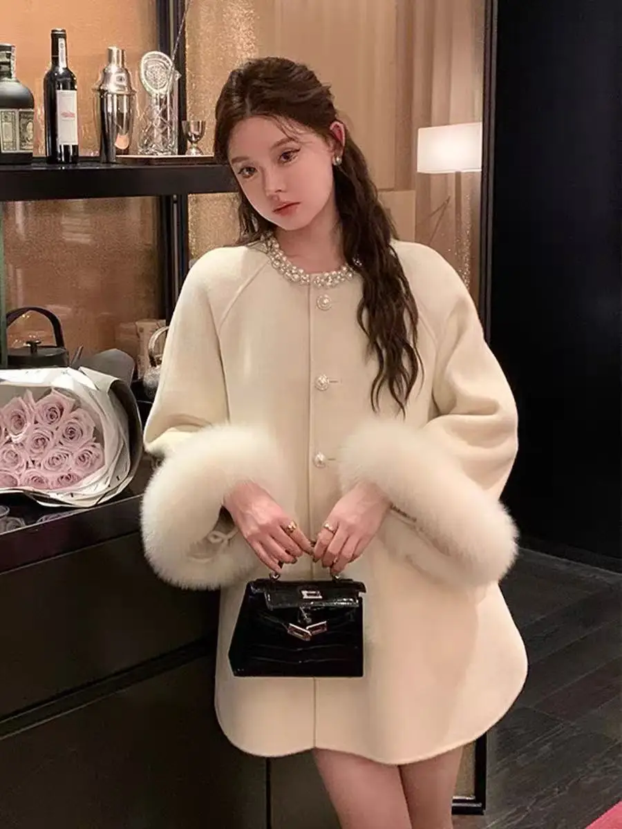 Autumn Winter High End Diamond Double Sided Wool Coat Woman Single Breasted Fox Fur Cuff Female Cloak Loose Woolen Jacket Coats